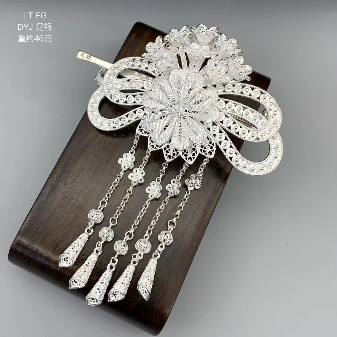 足银银制品 足银999民族风花丝工艺流苏发夹时尚古风气质发夹..