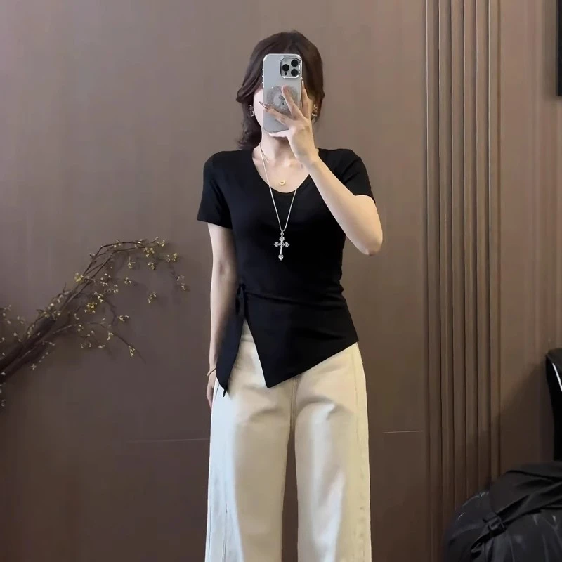 胖mm收腰半袖洋气独特别致上衣夏大码不规则正肩v领短袖T恤-6010
