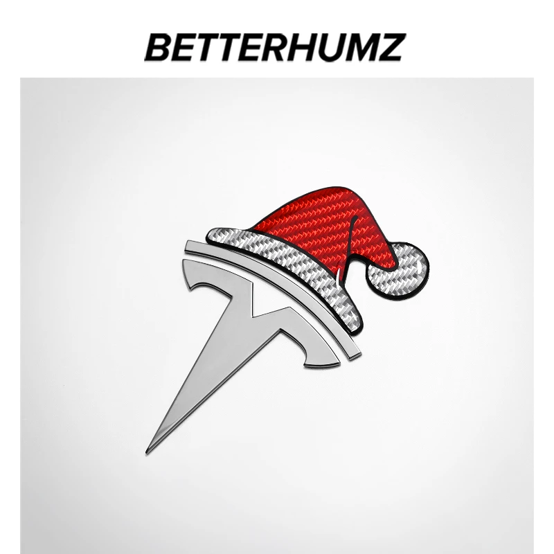 适用特斯拉车标贴圣诞节小红帽汽车装饰贴改装碳纤维圣诞帽前标贴