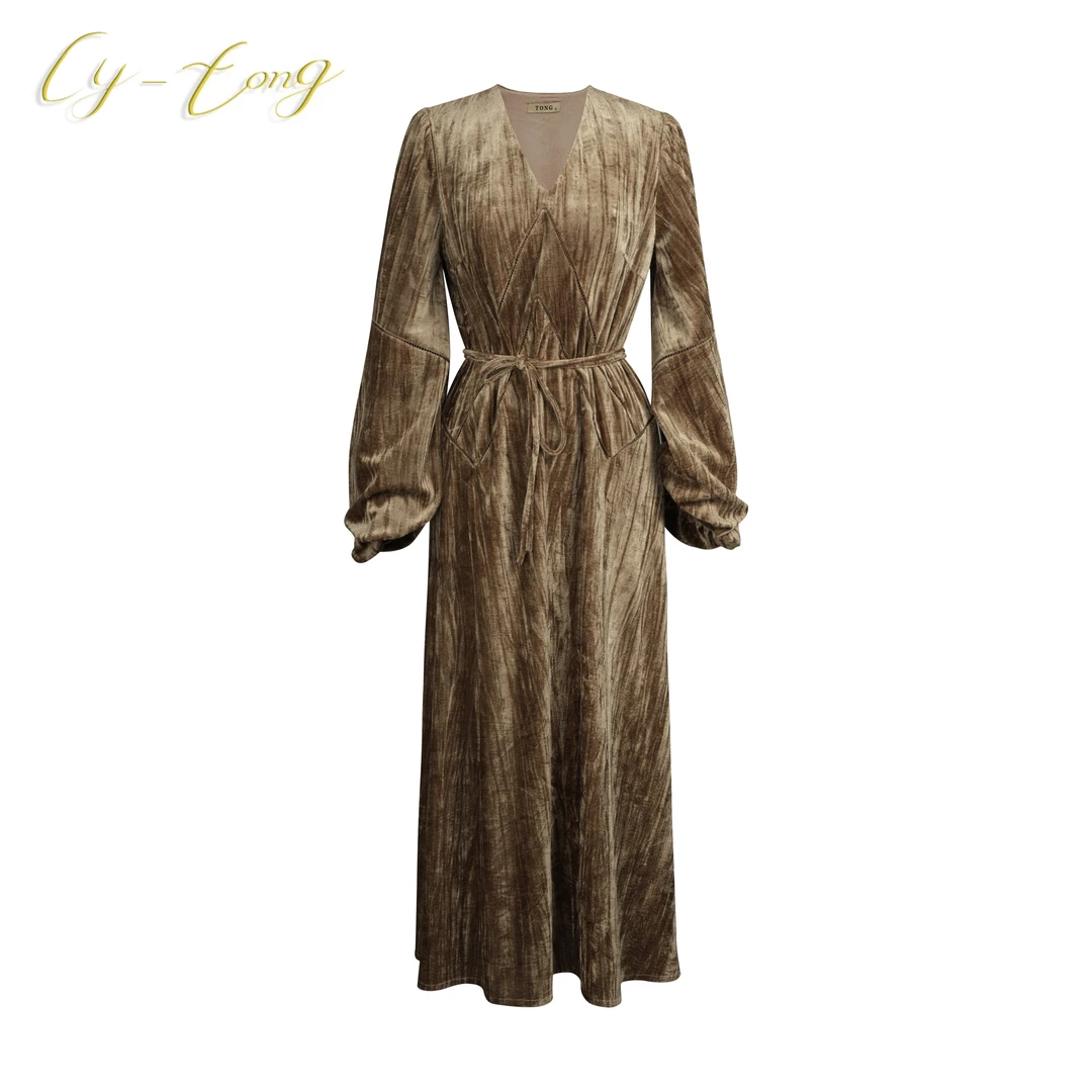 【彤姐原创】冬季气质显瘦修身收腰时尚轻奢V领丝绒连衣裙W23C007