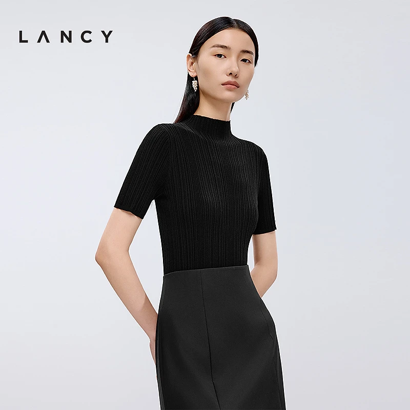 LANCY/朗姿2025年春新款高级气质坑条半高领修身短袖毛针织衫女