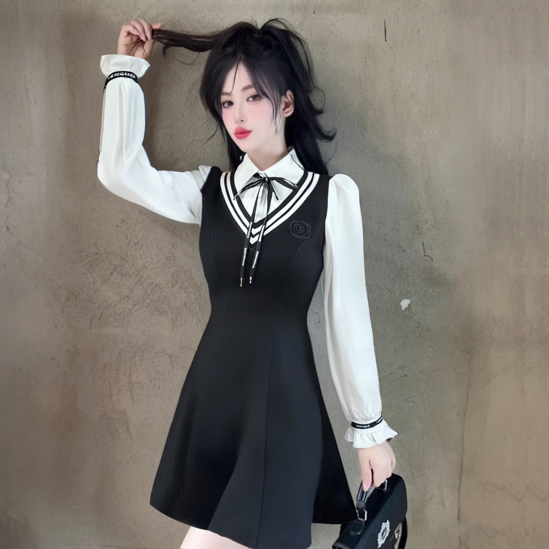 A假两件气质时尚洋气衬衫连衣裙显瘦长袖黑色连衣裙女小个子D0723