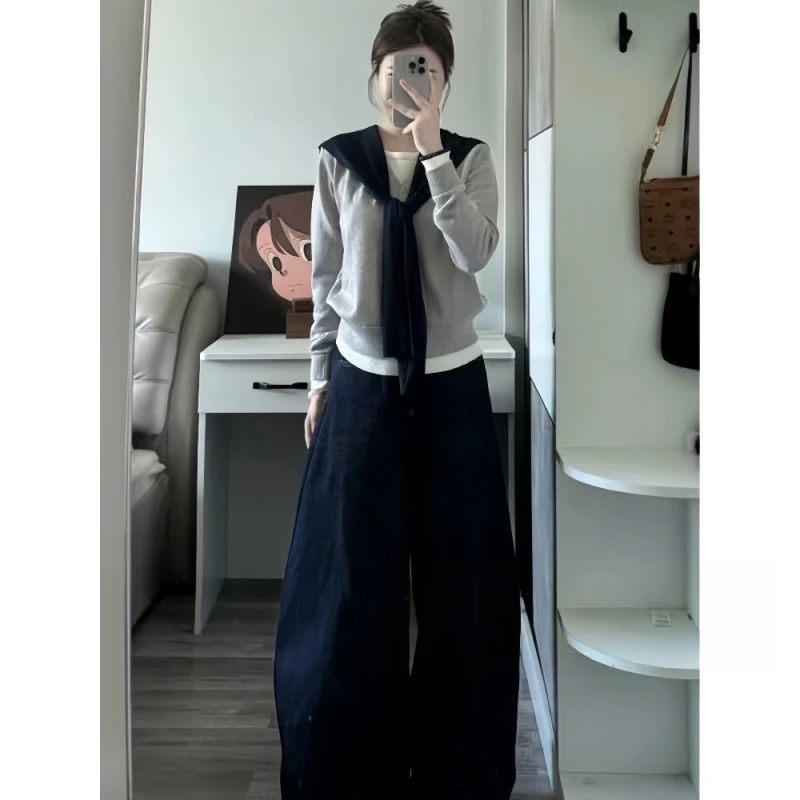 2025套装女韩系穿搭一整套慵懒打底衫披肩针织衫上衣牛仔裤三件套