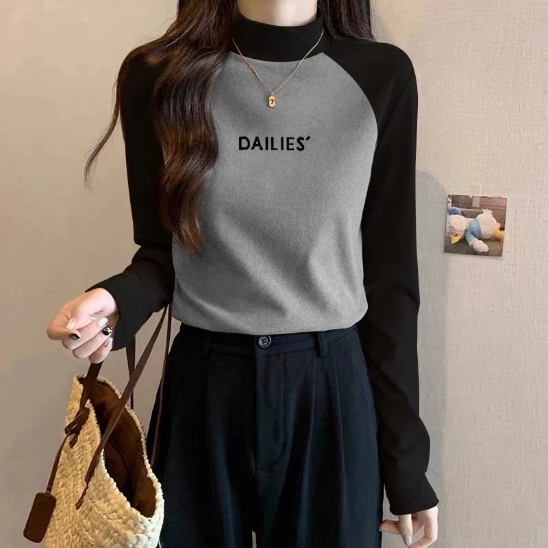 德绒加绒加厚保暖半高领长袖T恤女秋冬季磨毛内搭插肩上衣打底衫