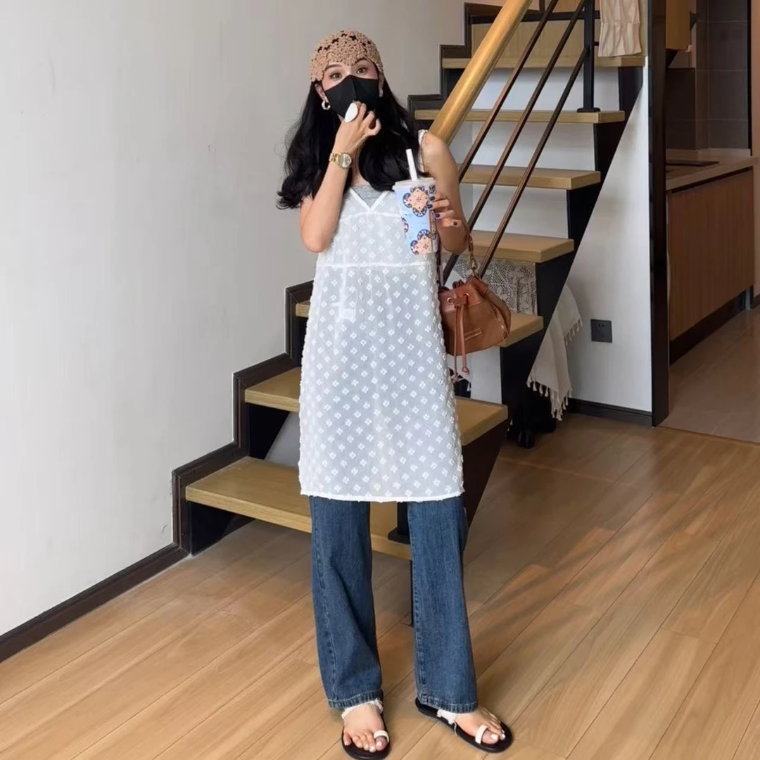 小个子白色蕾丝透视碎花吊带连衣裙女春秋网纱两穿v领背心裙子