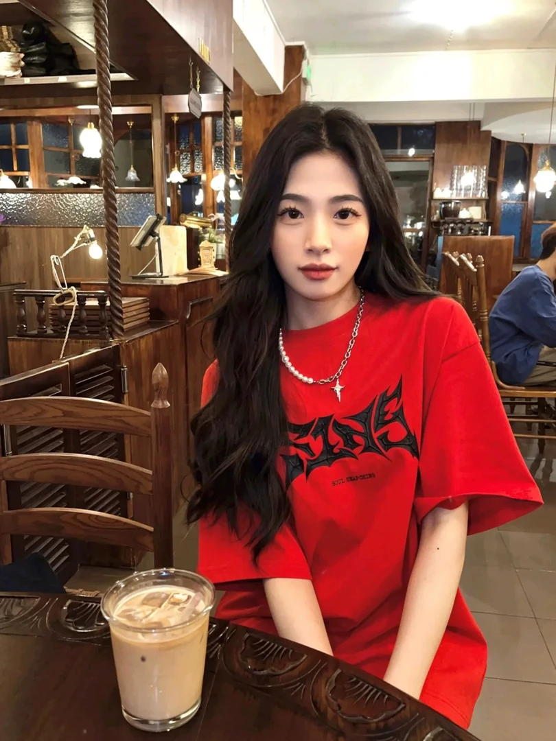 慵懒酒红色印花短袖女士t恤夏季宽松小个子休闲显瘦ins半袖上衣潮