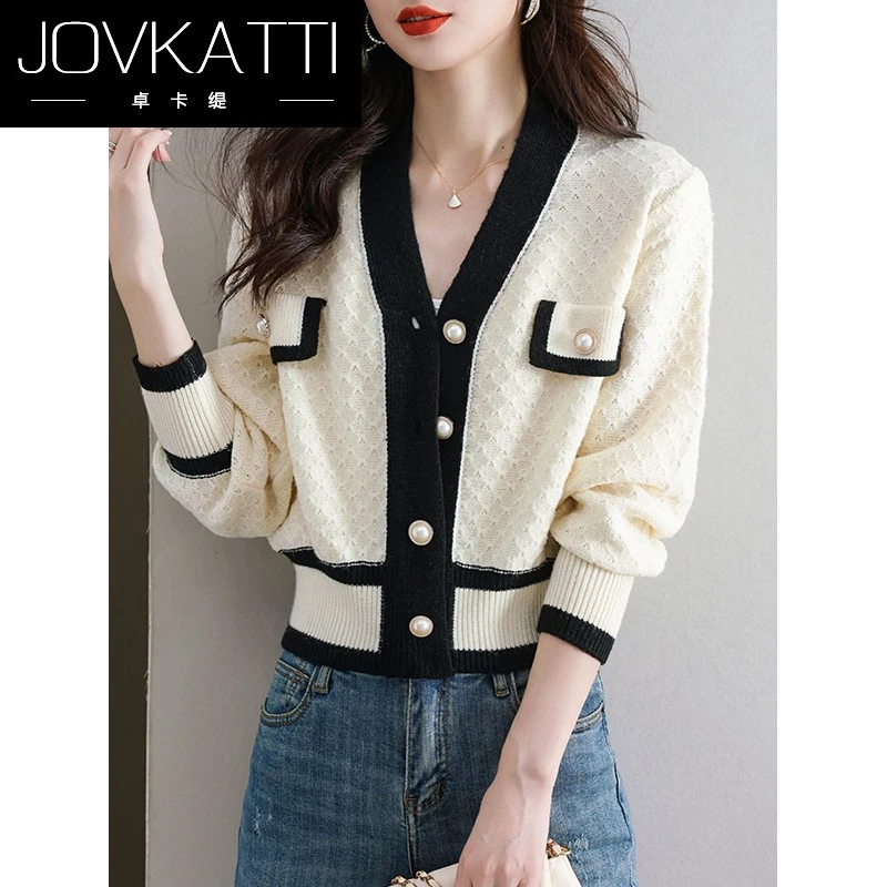 小香风拼色针织开衫女春秋2025新款小个子短款秋季外搭薄毛衣外套