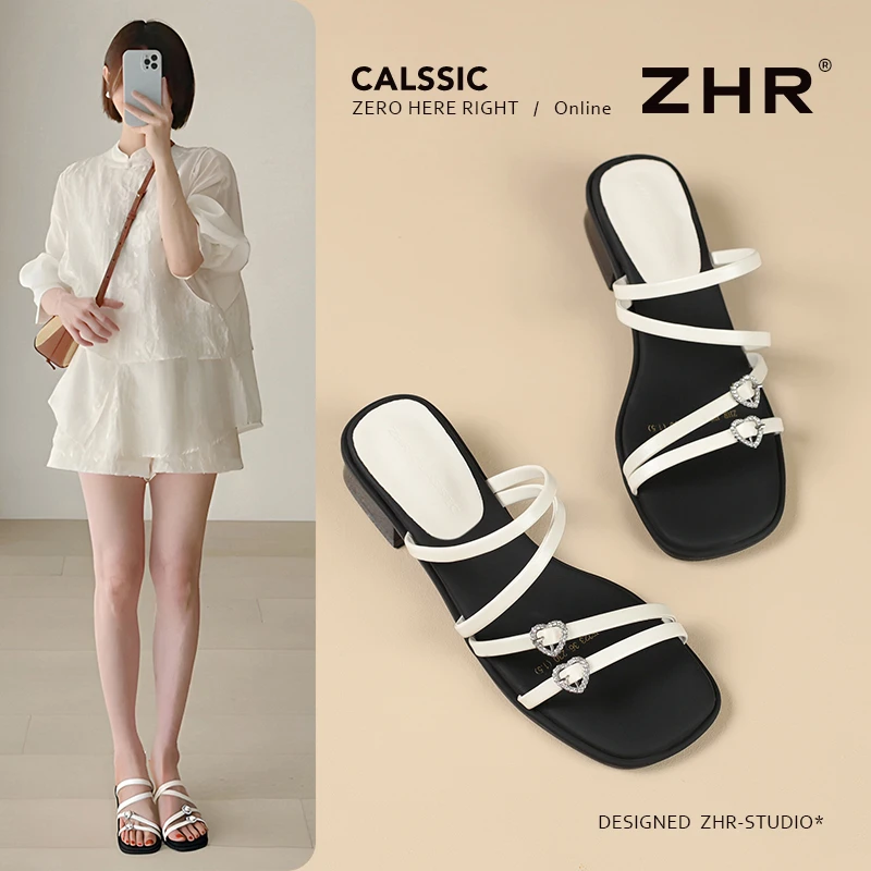 ZHR夏季新品法式水钻一字拖鞋粗跟内增高凉外穿平底厚底包头高跟