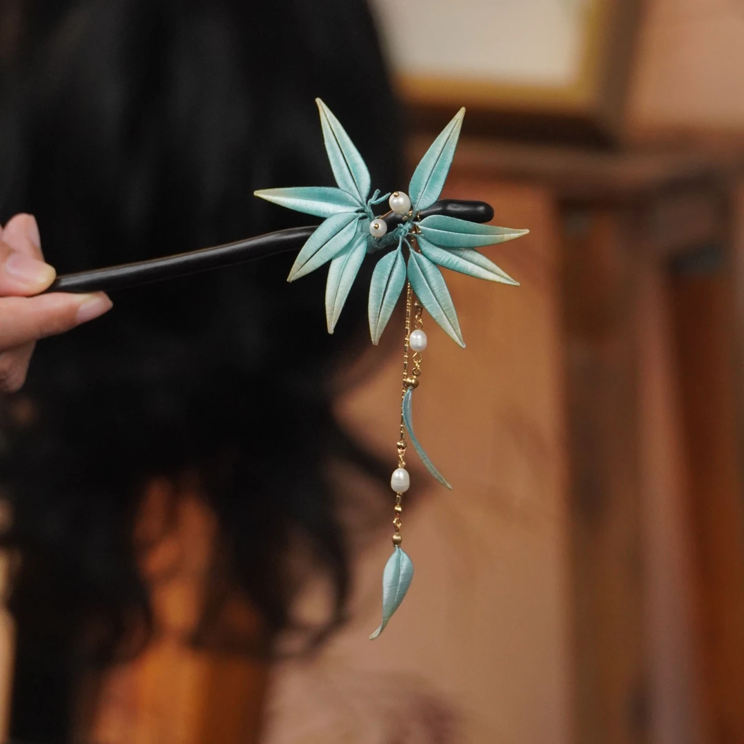 竹叶发簪头饰步摇国风非遗绒花发簪南京绒花古风簪子新中式贵气