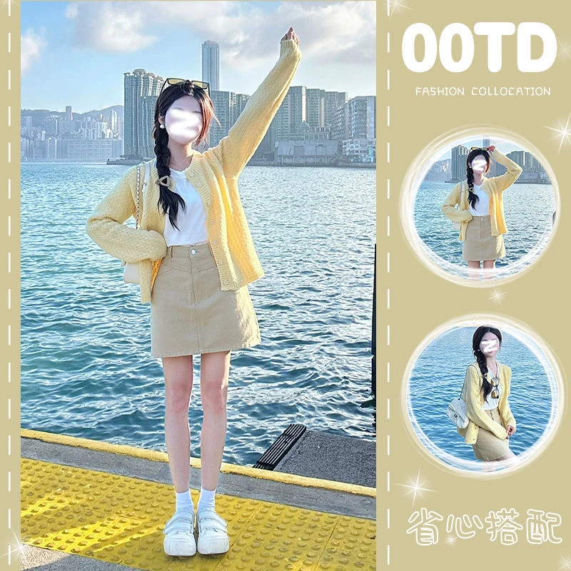 早春时尚套装女2025新款韩系气质减龄甜美麻花开衫内搭短裙三件套