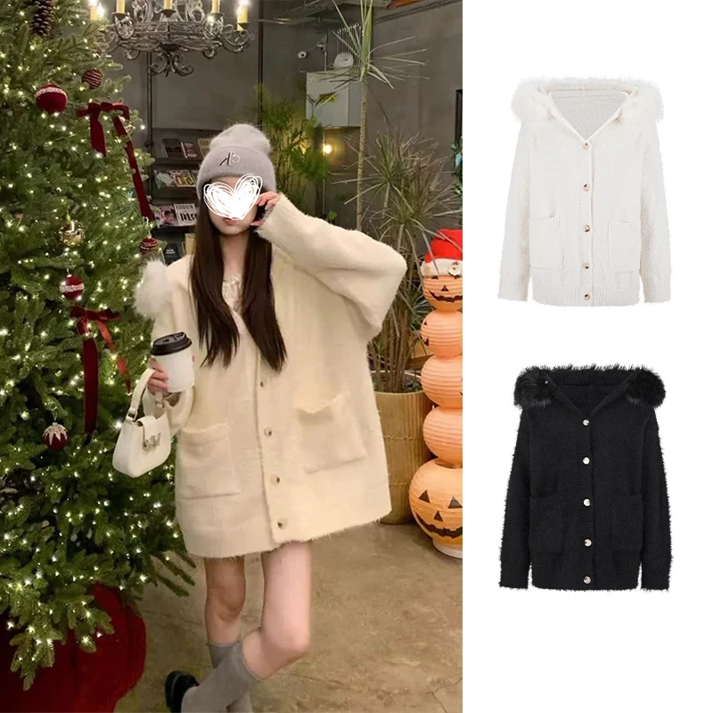 Moses Queen/魔西女王加厚大毛领连帽宽松毛衣外套软糯针织上衣