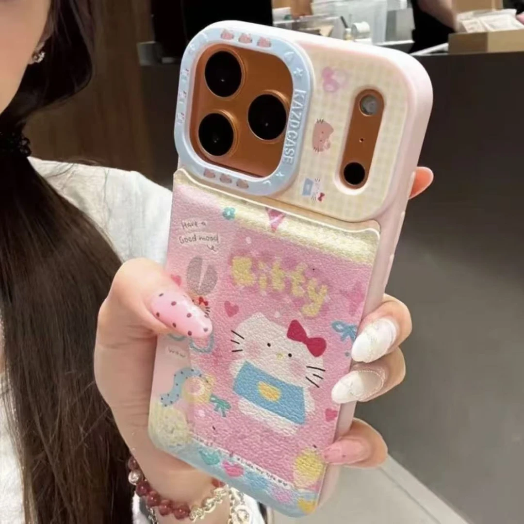 卡包支架补妆镜涂鸦KT适用适用iPhone17promax可爱苹果16手机壳15