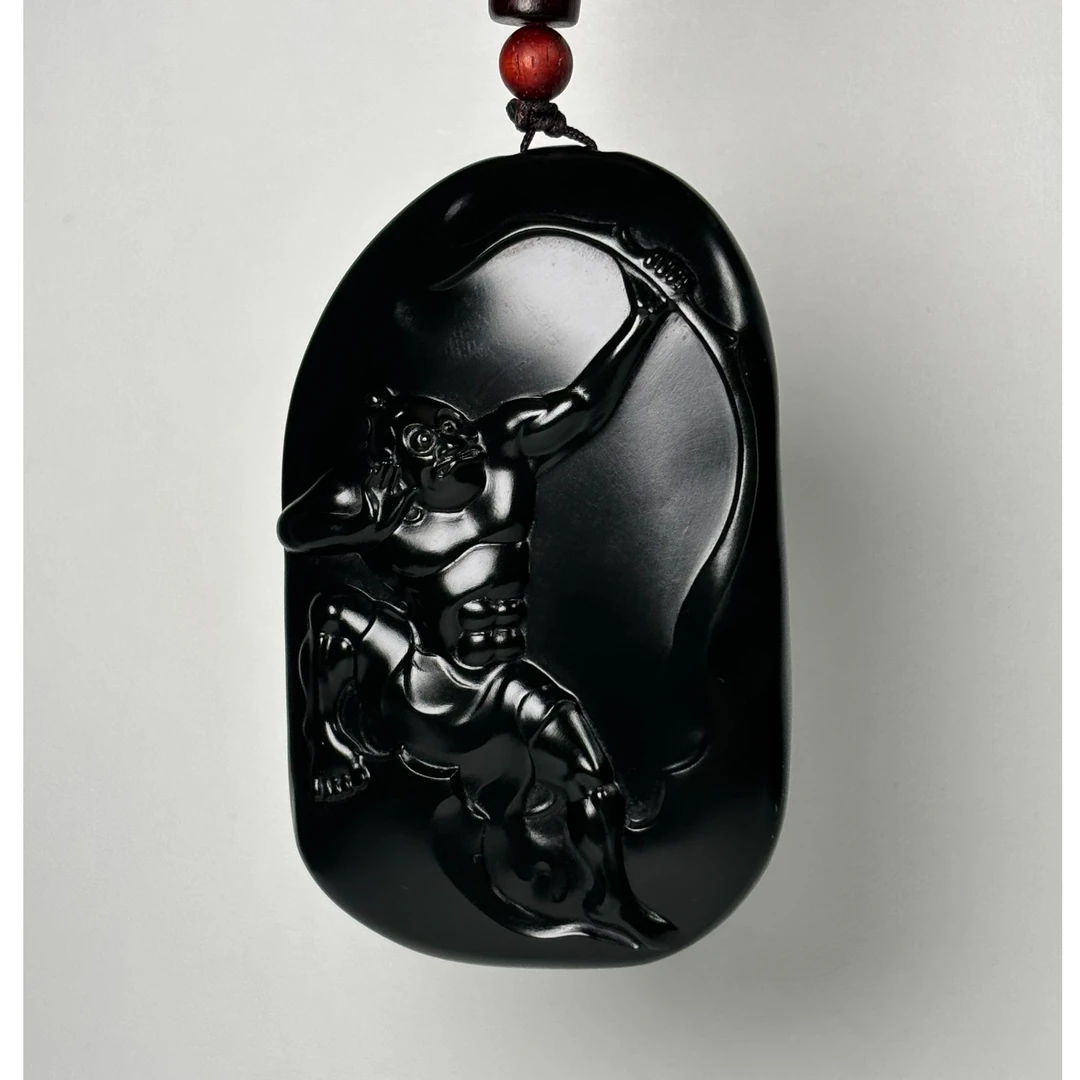 和田玉黑青后羿射日挂件