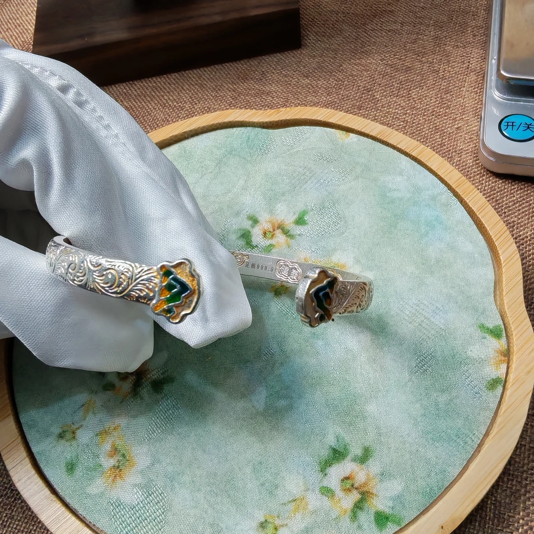 足银手镯 描金卷草纹山水手镯足银吉言送女友送闺蜜