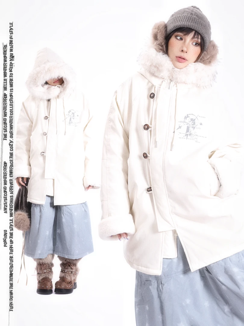 happyes“魔法勋章”日系秋冬超保暖防风夹棉毛领棉服外套