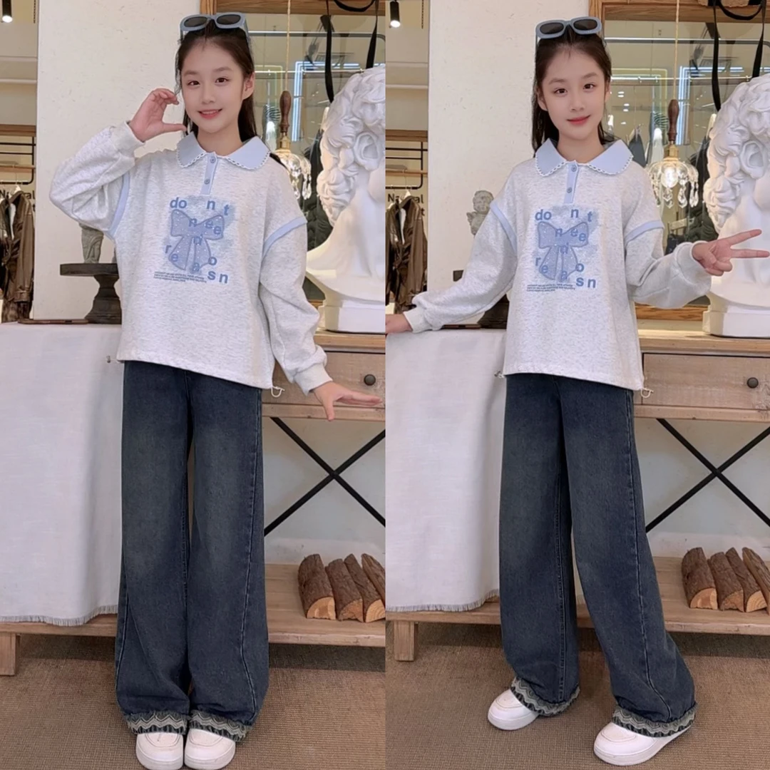 女童秋季长袖学院风宽松休闲风花边牛仔裤显瘦时尚百搭女孩直筒裤