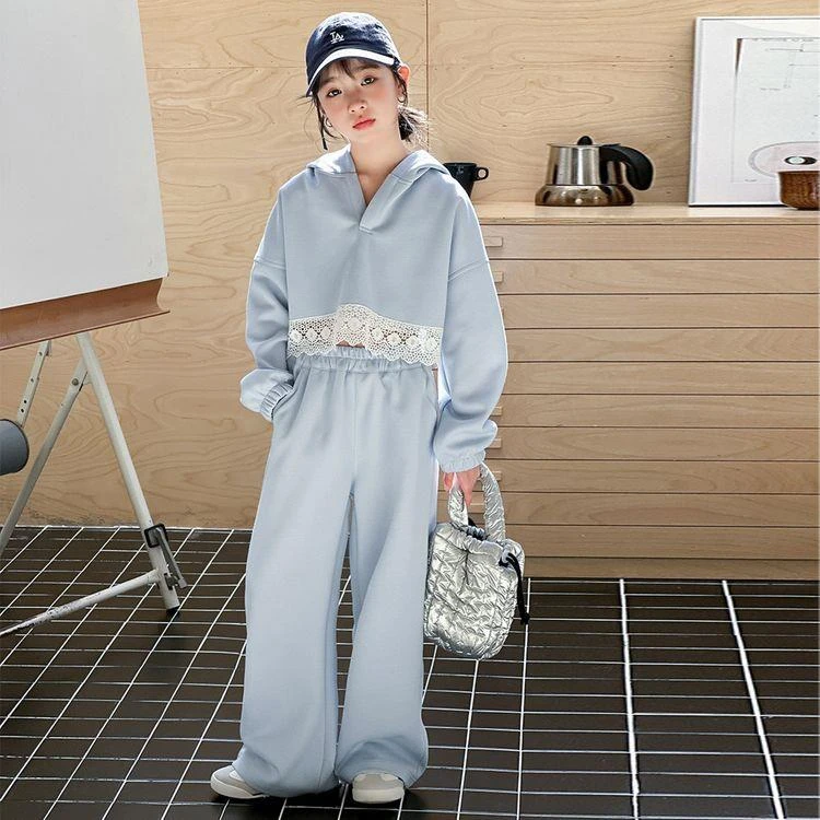 女童套装春季2025新款儿童洋气浅蓝色时髦衣服大童运动卫衣春秋潮