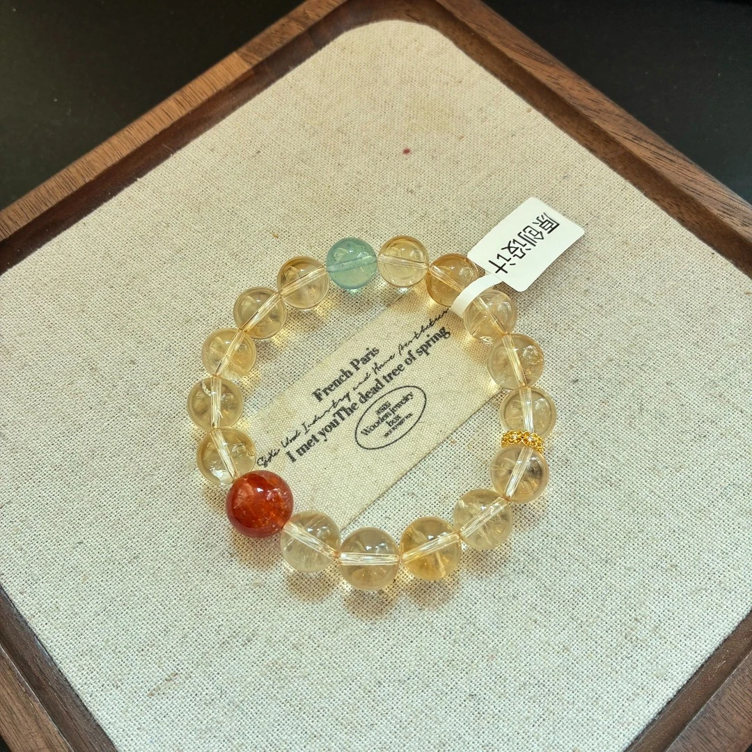 天然黄水晶搭配红胶花海蓝宝手串