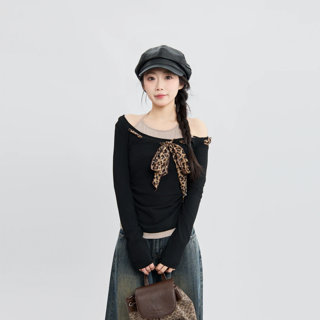 三福 春季豹纹绑带时尚百搭设计挂脖假两件上衣女装 498155