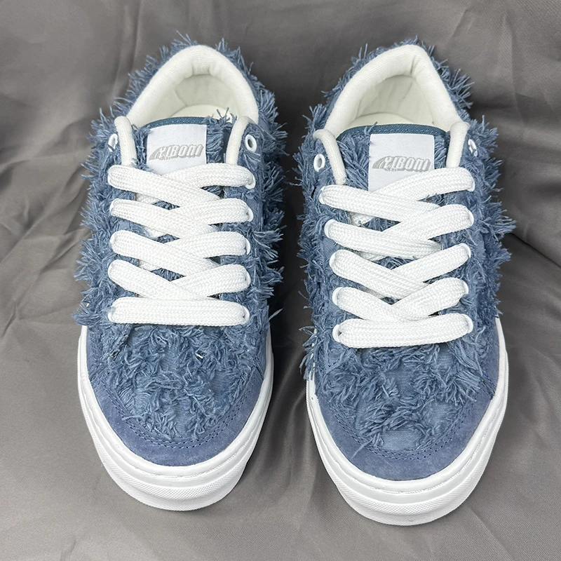 高颜值小众蓝色复古男鞋休闲潮流男女同款毛边网红帆布鞋国潮板鞋