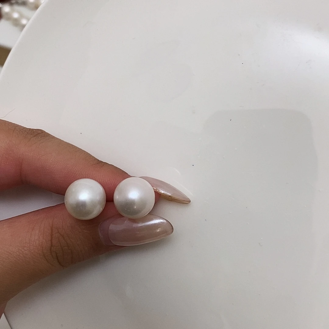 白珍珠耳钉11-12m淡水珍珠银S925镶嵌