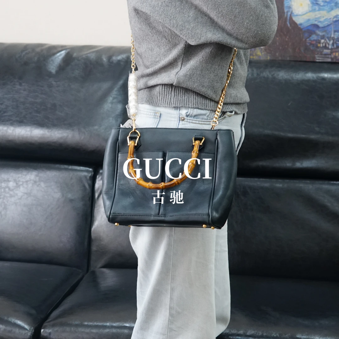 95新 GUCCI/古驰 黑色竹节斜挎包/JJ12604837/4837