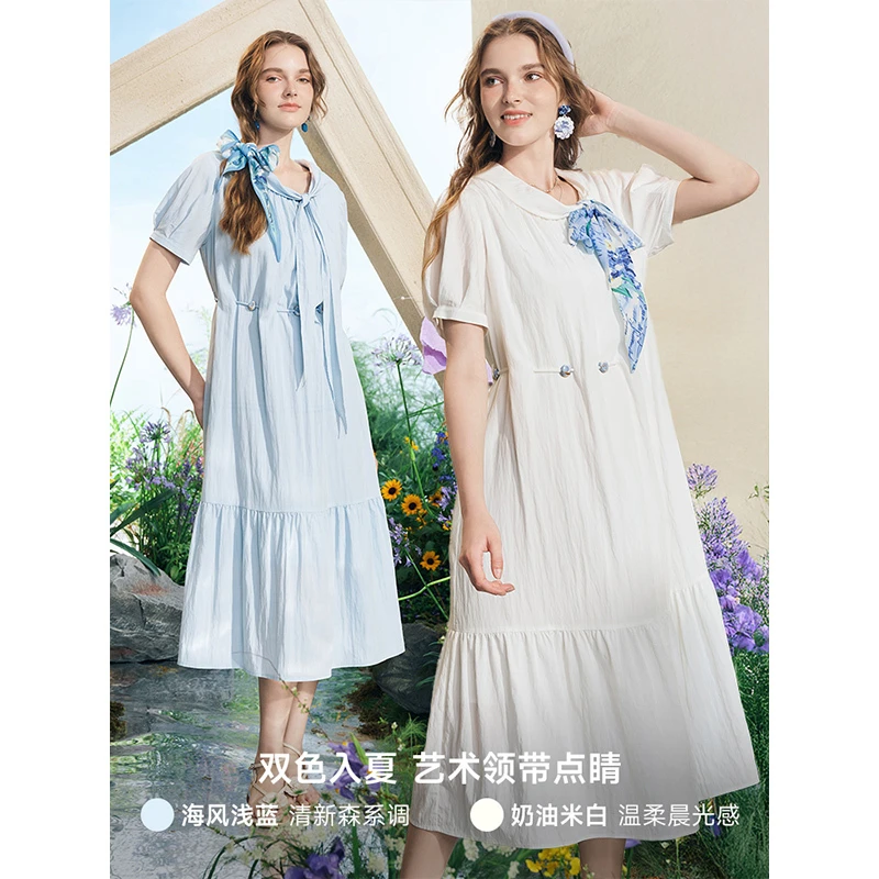 两三事梵高文艺 海风茶信 可拆领带泡泡袖a字连衣裙S25XLY496