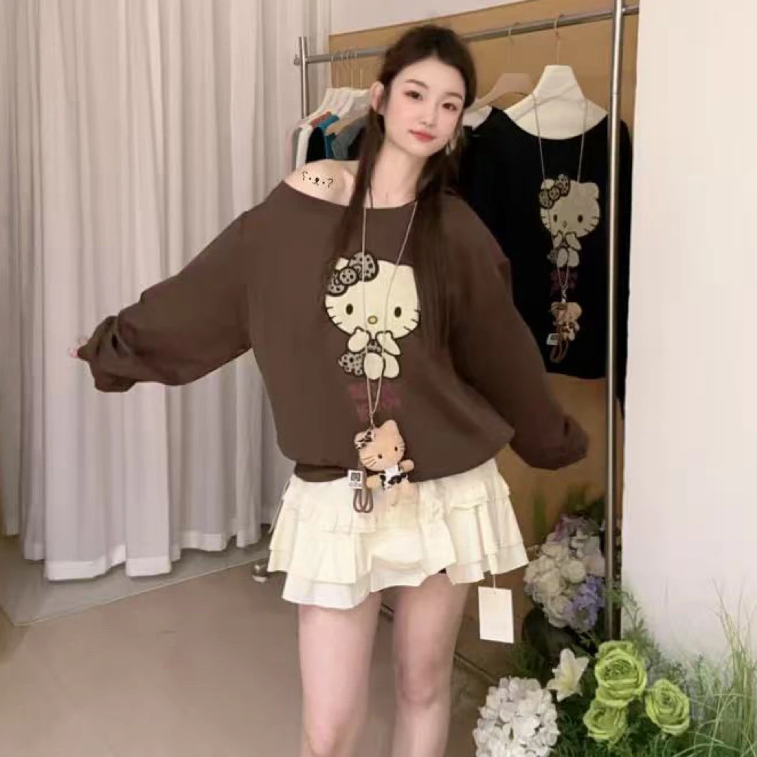 秋款可爱休闲风kitty蕾丝花边拼接带安全裤半身裙