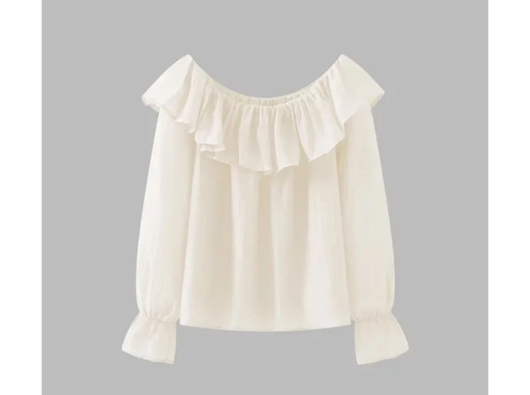 一字肩荷叶边长袖衬衫女纯色小众宽松衬衣高级Y065