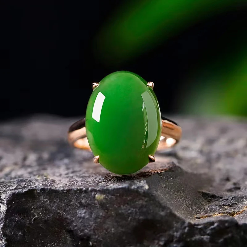 和田玉碧玉戒指女款俄罗斯老料18k金镶嵌玉石指环附赠证书礼盒