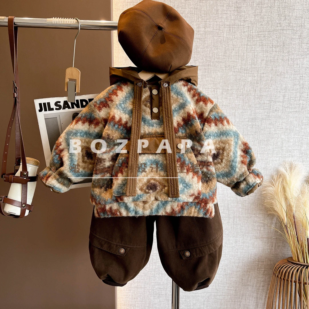 啵小爸定制【朝霞回风】2025冬季新款男童毛绒绒连帽大口袋夹棉外套