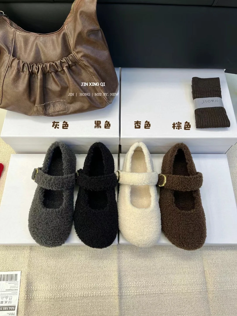 899-5毛呢毛毛鞋女外穿玛丽珍鞋女软底冬保暖单鞋加绒灰色勃肯鞋