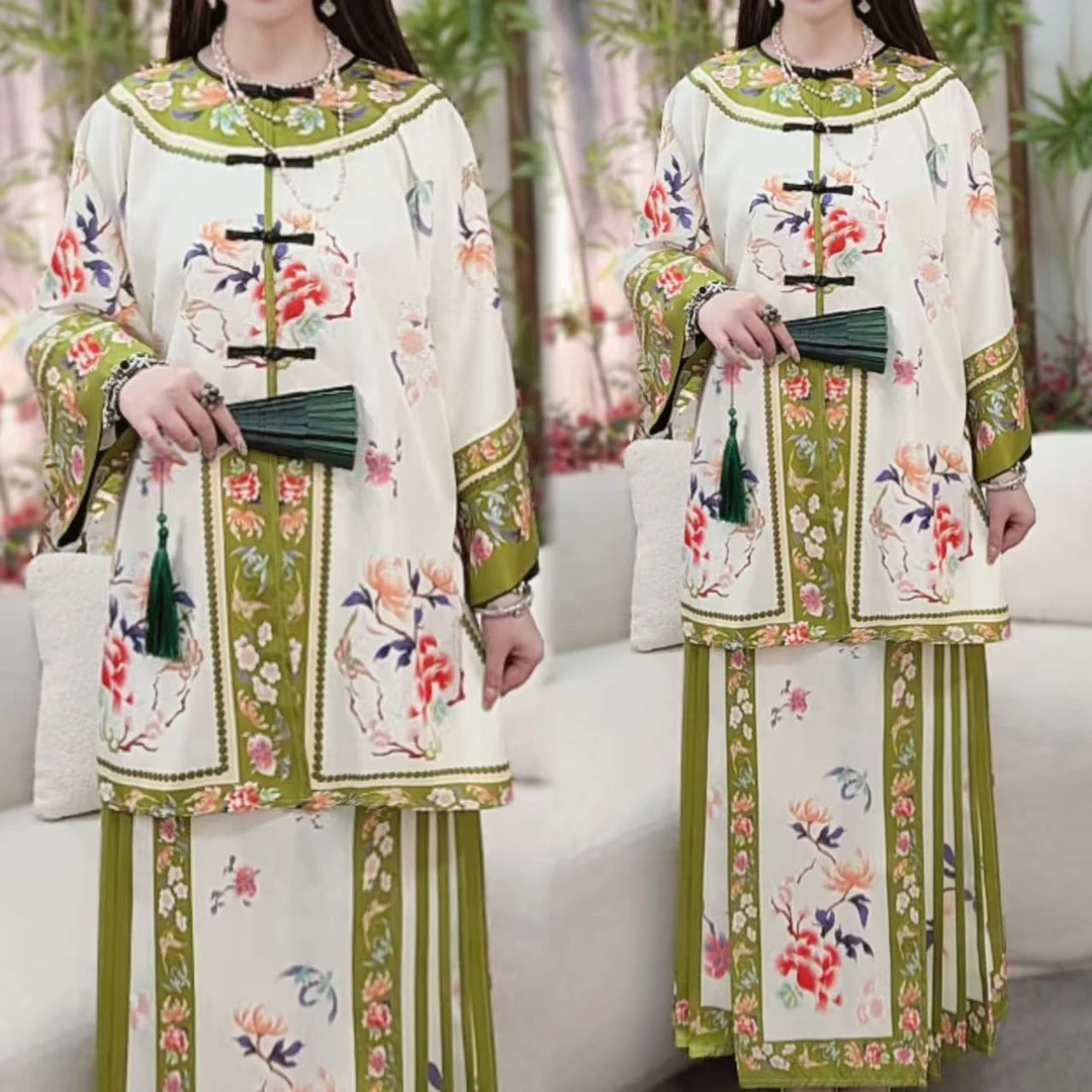 新中式国风圆领手工盘扣宽松休闲气质百搭上衣半裙两件套套装上新