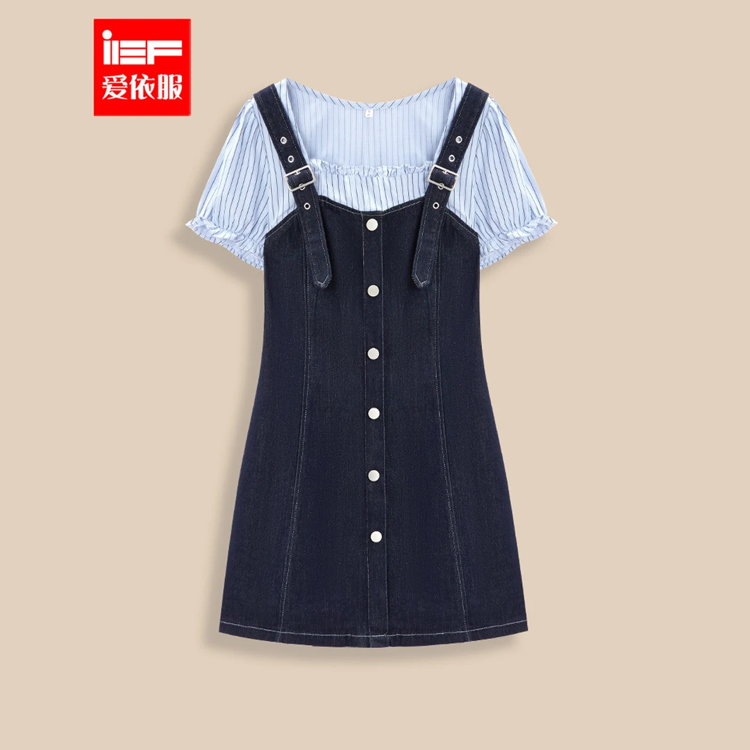 IEF/爱依服2025新款夏季大码女装收腰牛仔显瘦假两件连衣裙