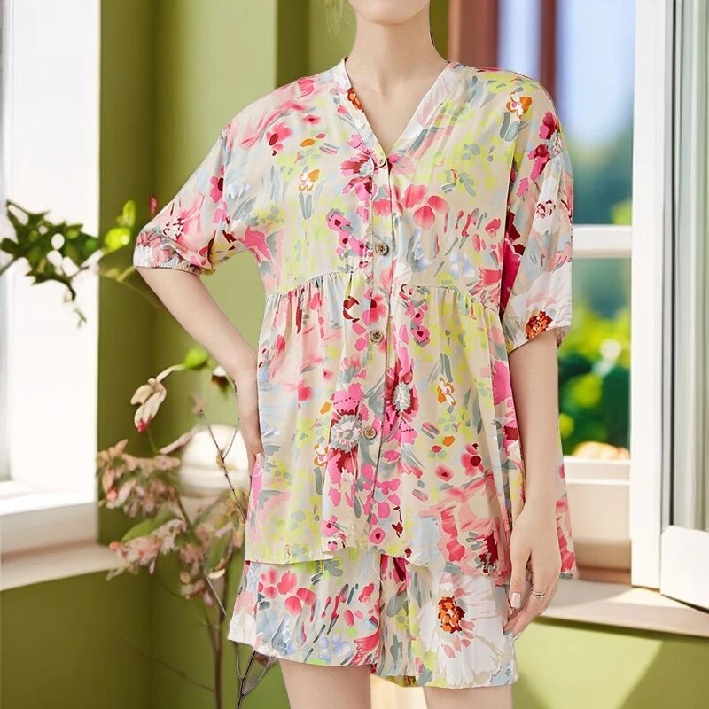 薄款棉绸睡衣女夏季套装大码宽松空调服韩版甜美学生可外穿家居服