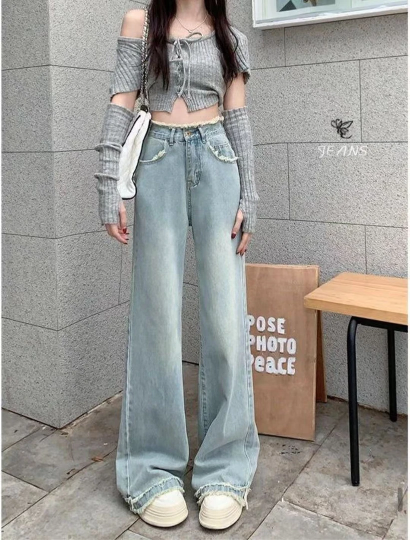 ¬梅梅】新款直筒开叉薄款拖地牛仔裤高腰服装夏季女士裤子阔腿裤