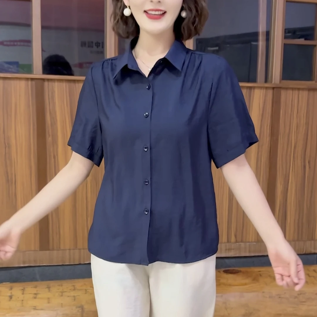 妈妈装夏季新款时尚大码洋气百搭气质显瘦休闲宽松纯色显瘦衬衣