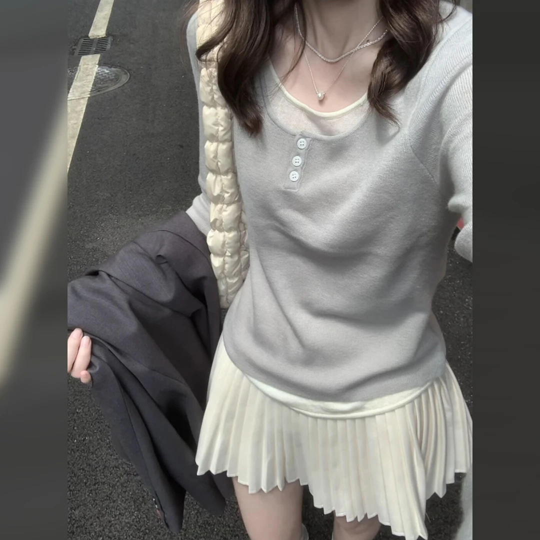 假两件灰色针织衫女秋冬季2025新款韩系chic内搭打底衫高级感上衣