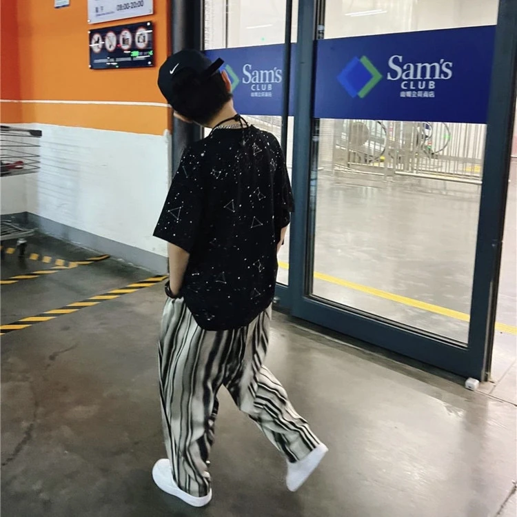 套装套头薄款休闲风男条纹夏季炸街中大童童装夏装潮流网红运动