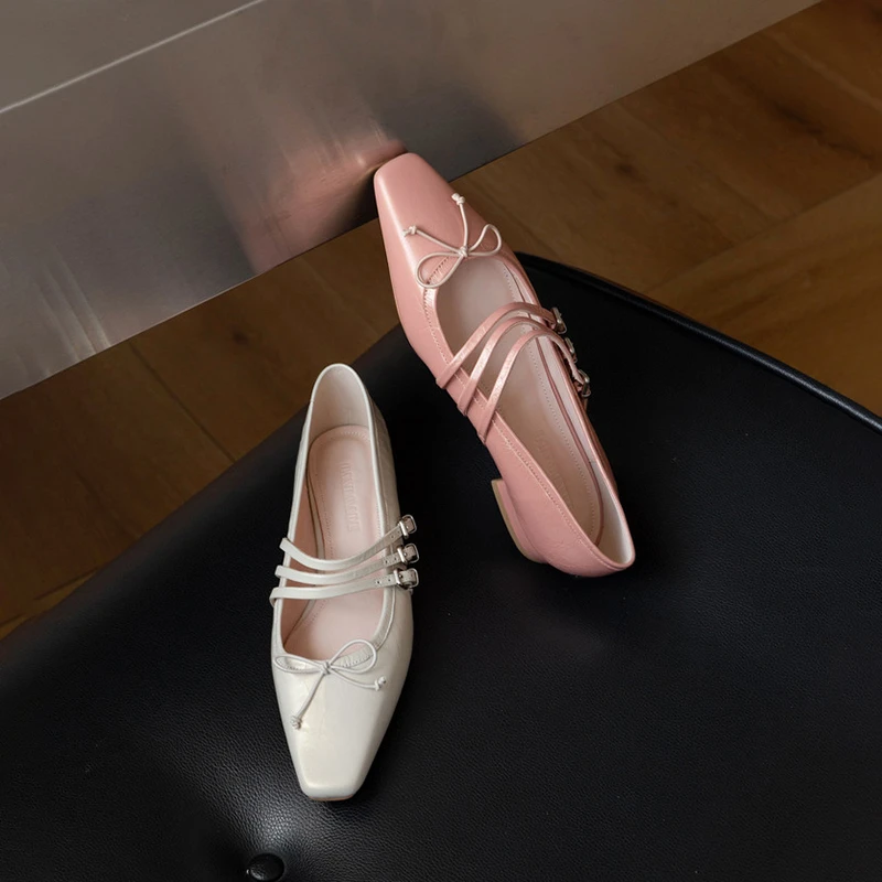 真皮法式蝴蝶结方头平底玛丽珍鞋女2025年春夏新款三根带浅口单鞋