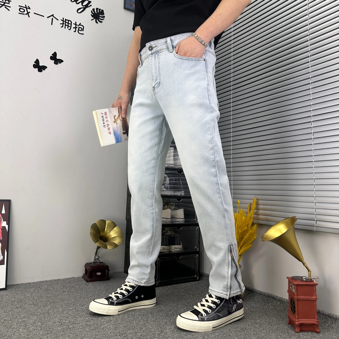 男士春季新款休闲百搭裤脚拉链弹力水洗修身小脚微喇叭牛仔裤男款