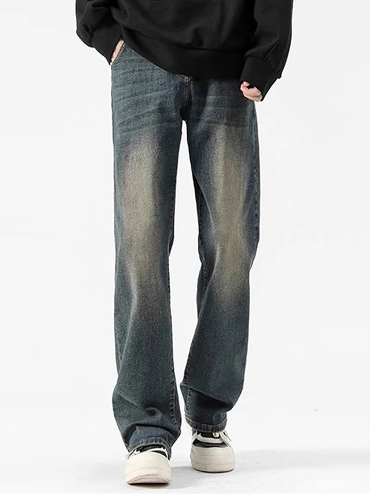 美式高街水洗深蓝牛仔裤男秋冬潮宽松百搭休闲裤做旧微喇直筒长裤