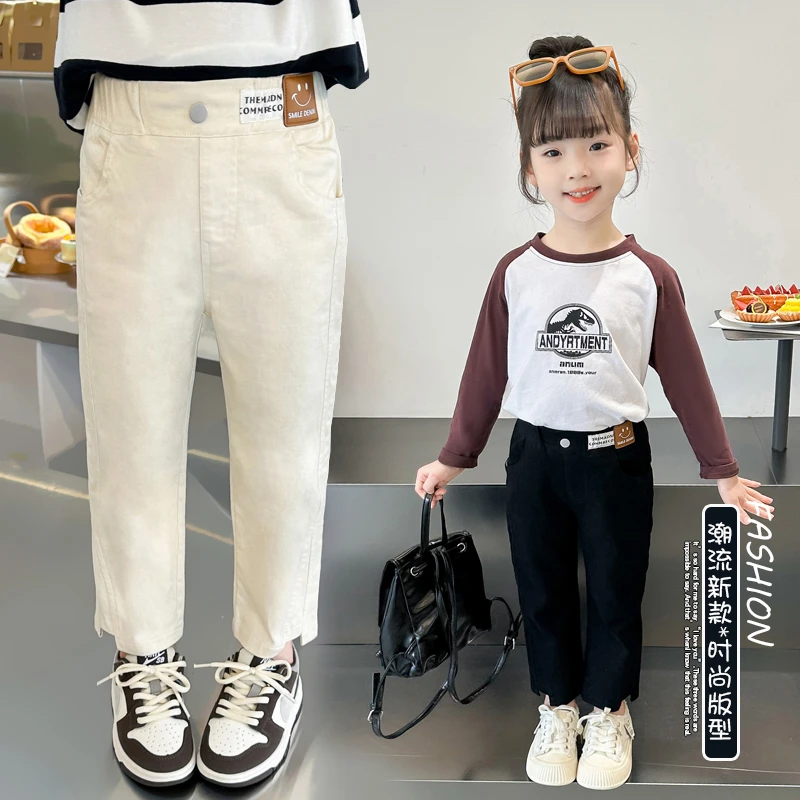 女童裤子韩版春秋2025新款修身洋气开叉休闲女宝宝百搭白色小脚裤