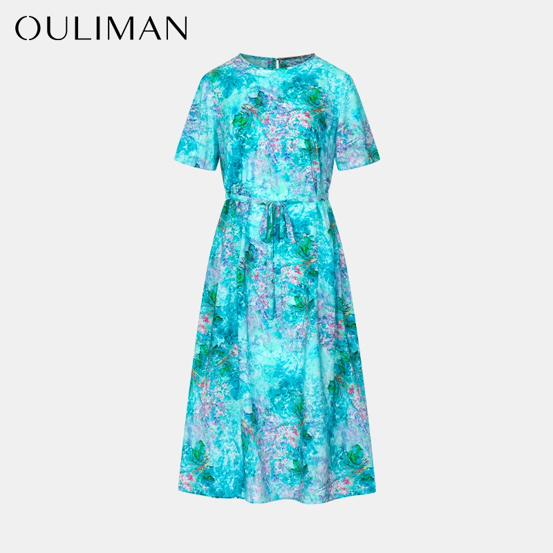 【欧黎蔓X俏姐姐-湖畔花影】夏日海边出游桑蚕丝连衣裙 QZ6053W40