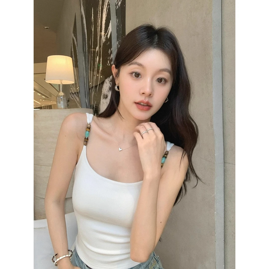 张贝贝ibell猫眼石串珠一体胸垫超弹吊带细肩带弹力显瘦百搭上衣