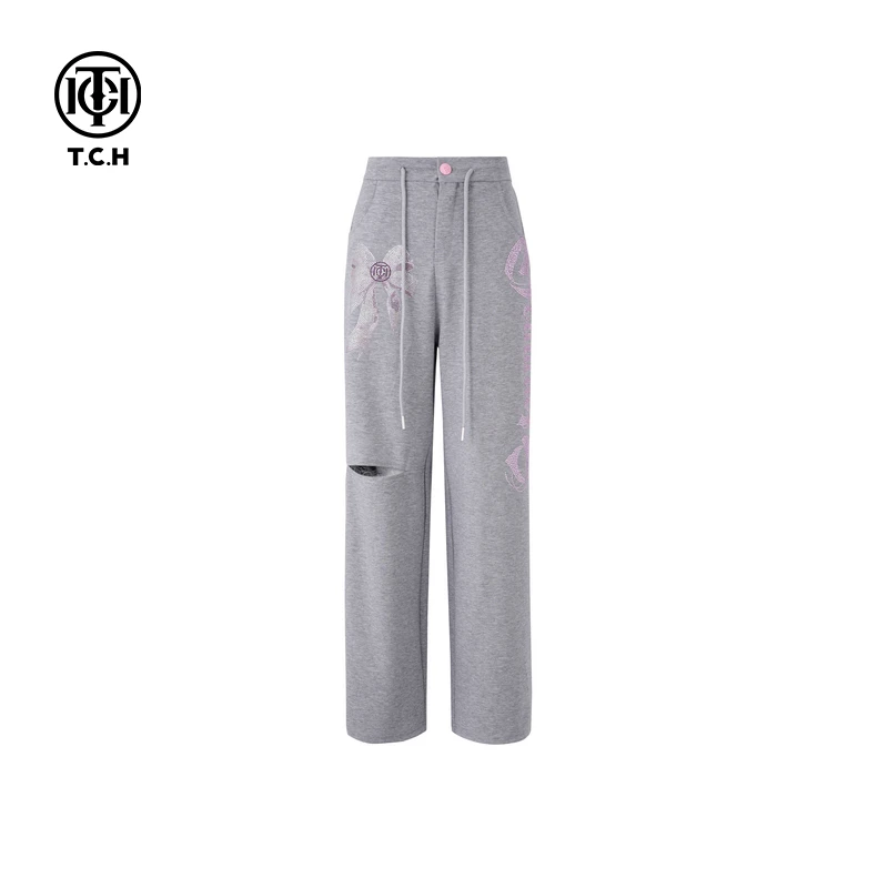 私服-TCH2025春季新款烫钻字母蝴蝶结时尚休闲长裤T75A20E5069