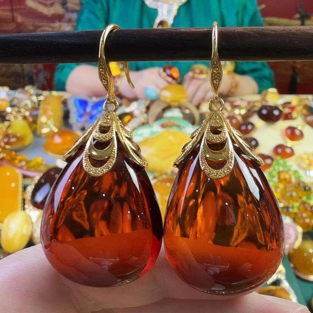 血珀银S925镀金镶嵌耳环