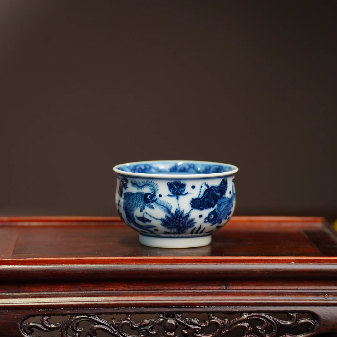 熊建军窑丨青花柴窑鱼藻纹炉士杯 80ML 景德镇陶瓷