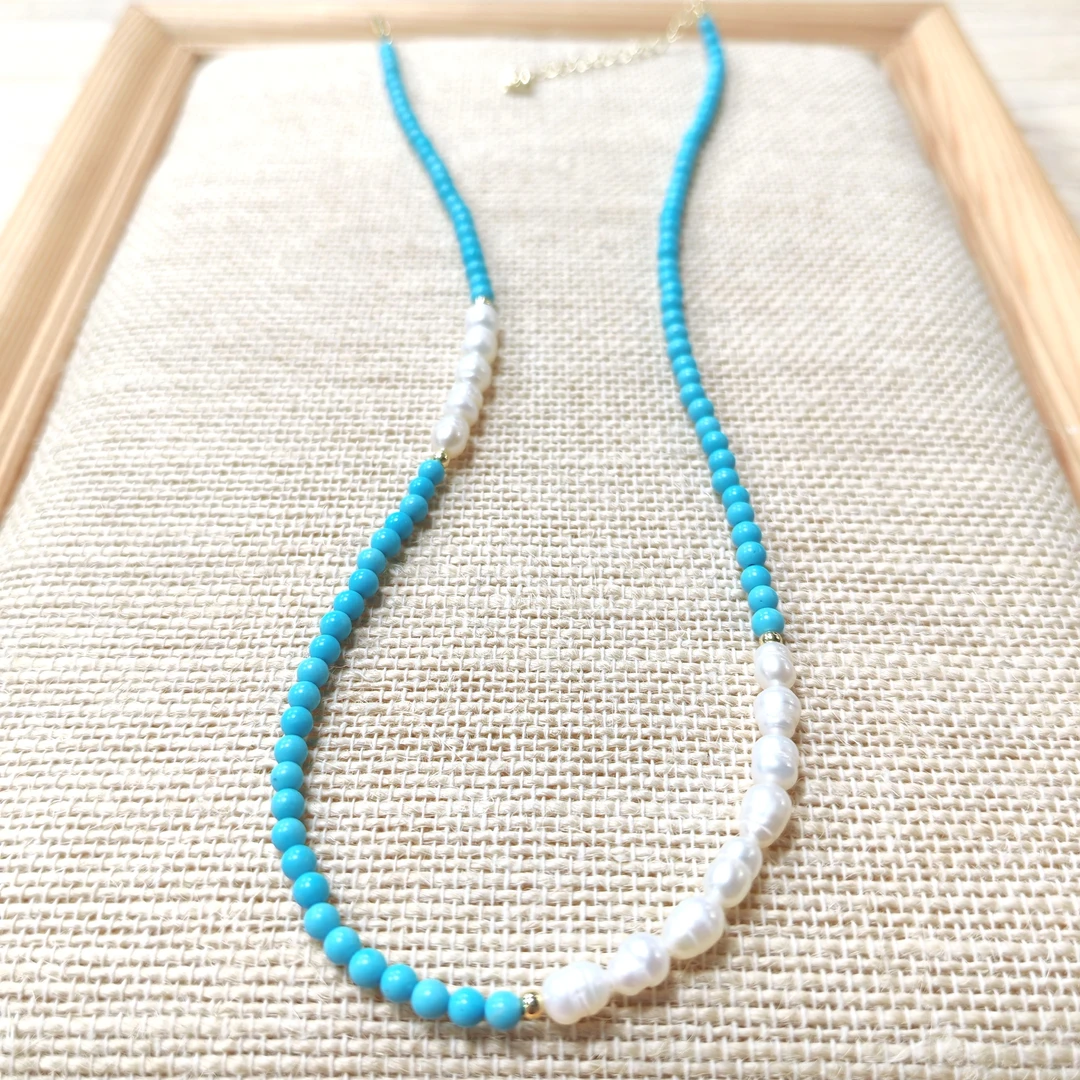 钛钢项链 几何民族风女原创设计百搭珠串项链蓝色石