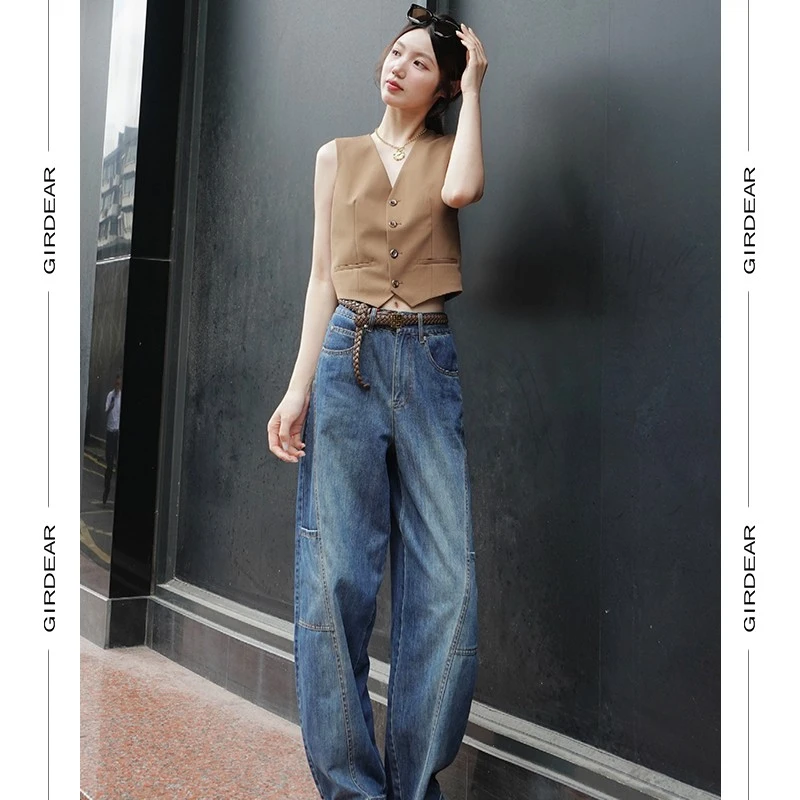 GIRDEAR/哥弟新款百搭高腰休闲复古宽松时尚弯刀裤牛仔裤110040